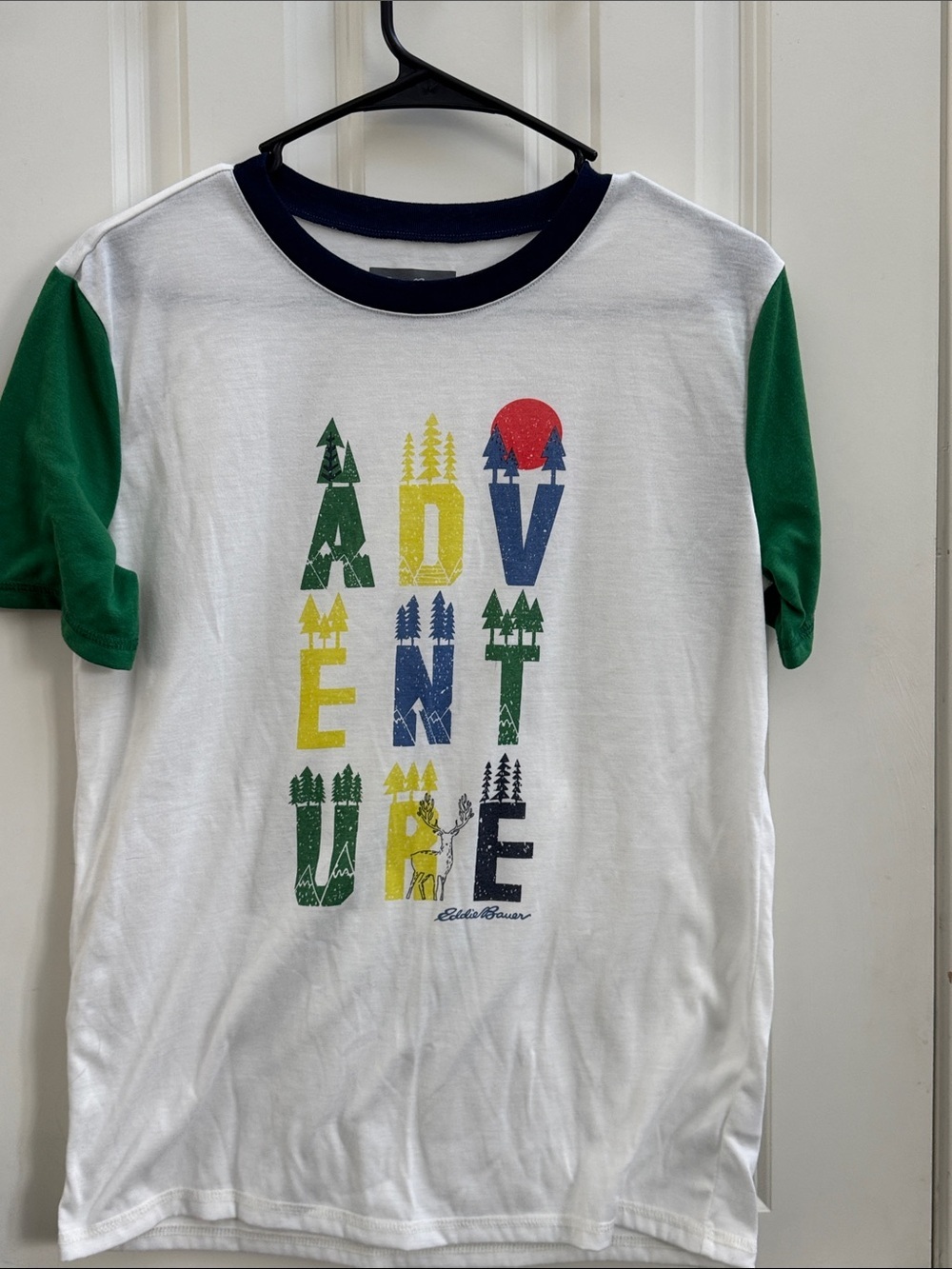Eddie Bauer White Tee with Green Sleeves and Multicolor 'ADVENTURE' Graphic